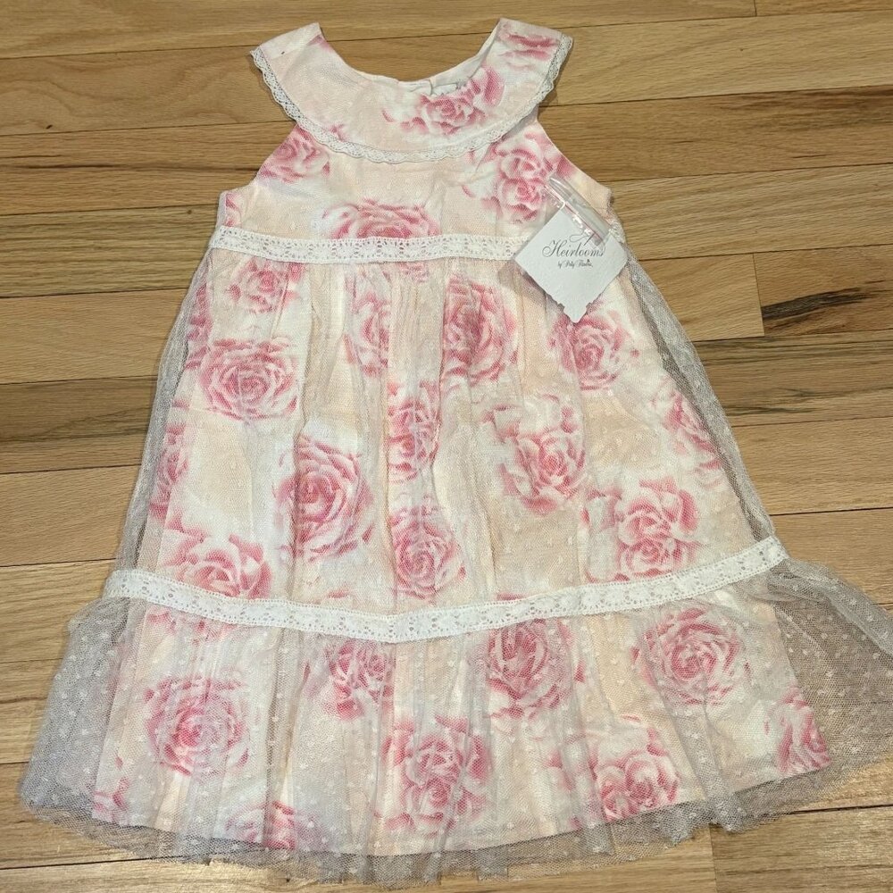 Girls Heirloom By Polly Flinders Dress Pink Rose Print Lace Overlay Size 4T